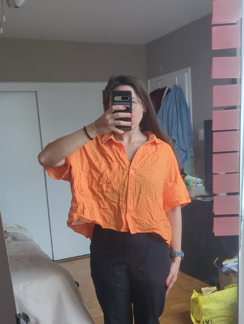 DKNY Vibrant Orange Cropped Button-Up Top 100% Cotton